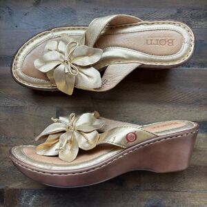 Born Metallic Gold Flower Wedge Sandals Womens 7 Leather Comfort Platform